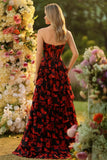 Black Red Flower A Line Sweetheart Corset Ruffled Long Ball Dress with Slit