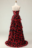 Black Red Flower A Line Sweetheart Corset Ruffled Long Ball Dress with Slit