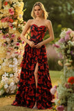 Black Red Flower A Line Sweetheart Corset Ruffled Long Ball Dress with Slit
