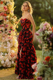 Black Red Flower A Line Sweetheart Corset Ruffled Long Ball Dress with Slit