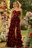 Black Red Flower A Line Sweetheart Corset Ruffled Long Ball Dress with Slit