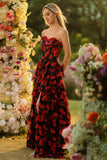 Black Red Flower A Line Sweetheart Corset Ruffled Long Ball Dress with Slit