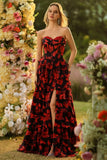 Black Red Flower A Line Sweetheart Corset Ruffled Long Ball Dress with Slit