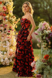 Black Red Flower A Line Sweetheart Corset Ruffled Long Ball Dress with Slit