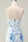 White Blue Flower Mermaid Strapless Tiered Print Long Prom Dress with Ruffles