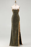Sparkly Black Golden Strapless Sheath Sequins Beaded Long Ball Dress with Slit