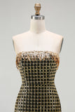 Sparkly Black Golden Strapless Sheath Sequins Beaded Long Ball Dress with Slit