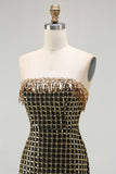 Sparkly Black Golden Strapless Sheath Sequins Beaded Long Ball Dress with Slit