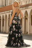 Black Pink Flower Mermaid Ruffled Long Plus Size Prom Dress with Lace Up Back