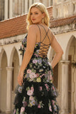 Black Pink Flower Mermaid Ruffled Long Plus Size Prom Dress with Lace Up Back