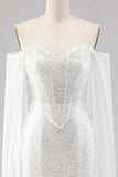 White Mermaid Beaded Sweetheart Sequin Long Prom Dress with Cape