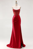 Red Strapless Mermaid Corset Beaded Ruched Satin Long Ball Dress with Slit