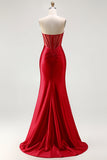 Red Strapless Mermaid Corset Beaded Ruched Satin Long Ball Dress with Slit