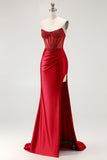 Red Strapless Mermaid Corset Beaded Ruched Satin Long Ball Dress with Slit