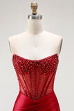 Red Strapless Mermaid Corset Beaded Ruched Satin Long Ball Dress with Slit