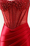 Red Strapless Mermaid Corset Beaded Ruched Satin Long Ball Dress with Slit