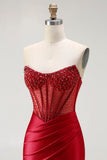 Red Strapless Mermaid Corset Beaded Ruched Satin Long Ball Dress with Slit
