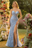 Strapless Blue Mermaid Corset 3D Flowers Sequin Long Ball Dress With Slit
