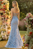 Strapless Blue Mermaid Corset 3D Flowers Sequin Long Ball Dress With Slit