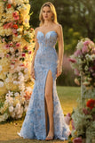Strapless Blue Mermaid Corset 3D Flowers Sequin Long Ball Dress With Slit