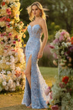 Strapless Blue Mermaid Corset 3D Flowers Sequin Long Ball Dress With Slit