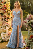 Strapless Blue Mermaid Corset 3D Flowers Sequin Long Ball Dress With Slit