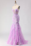 Purple Strapless Mermaid Lace Corset Long Ball Dress with Beading