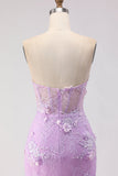 Purple Strapless Mermaid Lace Corset Long Ball Dress with Beading