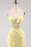 Strapless Yellow Mermaid Lace Corset Long Ball Dress with Beading