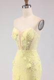 Strapless Yellow Mermaid Lace Corset Long Ball Dress with Beading