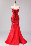 Red Strapless Mermaid Beaded Side Slit Long Ball Dress with Mirror