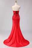 Red Strapless Mermaid Beaded Side Slit Long Ball Dress with Mirror