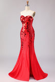 Red Strapless Mermaid Beaded Side Slit Long Ball Dress with Mirror