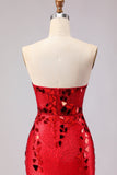 Red Strapless Mermaid Beaded Side Slit Long Ball Dress with Mirror