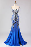 Red Strapless Mermaid Beaded Side Slit Long Ball Dress with Mirror