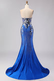 Red Strapless Mermaid Beaded Side Slit Long Ball Dress with Mirror