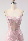 Sparkly Blush Mermaid Beaded Corset Long Prom Dress with Sequins