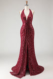 Sparkly Burgundy Halter Mermaid Sequins Long Ball Dress with Slit