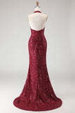 Sparkly Burgundy Halter Mermaid Sequins Long Ball Dress with Slit