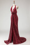 Sparkly Burgundy Halter Mermaid Sequins Long Ball Dress with Slit