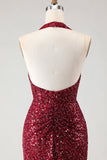 Sparkly Burgundy Halter Mermaid Sequins Long Ball Dress with Slit