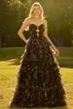 Black Strapless A-Line Tiered Ruffle Cut Out Long Prom Dress with Bows