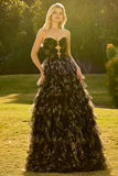 Black Strapless A-Line Tiered Ruffle Cut Out Long Prom Dress with Bows