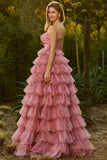 Black Strapless A-Line Tiered Ruffle Cut Out Long Prom Dress with Bows