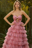 Black Strapless A-Line Tiered Ruffle Cut Out Long Prom Dress with Bows