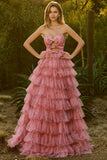 Black Strapless A-Line Tiered Ruffle Cut Out Long Prom Dress with Bows