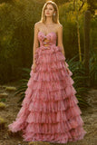 Black Strapless A-Line Tiered Ruffle Cut Out Long Prom Dress with Bows
