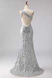 Sparkly Silver One Shoulder Cut Out Mermaid Sequin Long Ball Dress with Slit