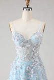 Blue Sequins A Line Sheer Corset Appliqued Long Ball Dress with Slit