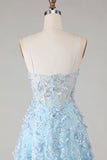 Blue Sequins A Line Sheer Corset Appliqued Long Ball Dress with Slit